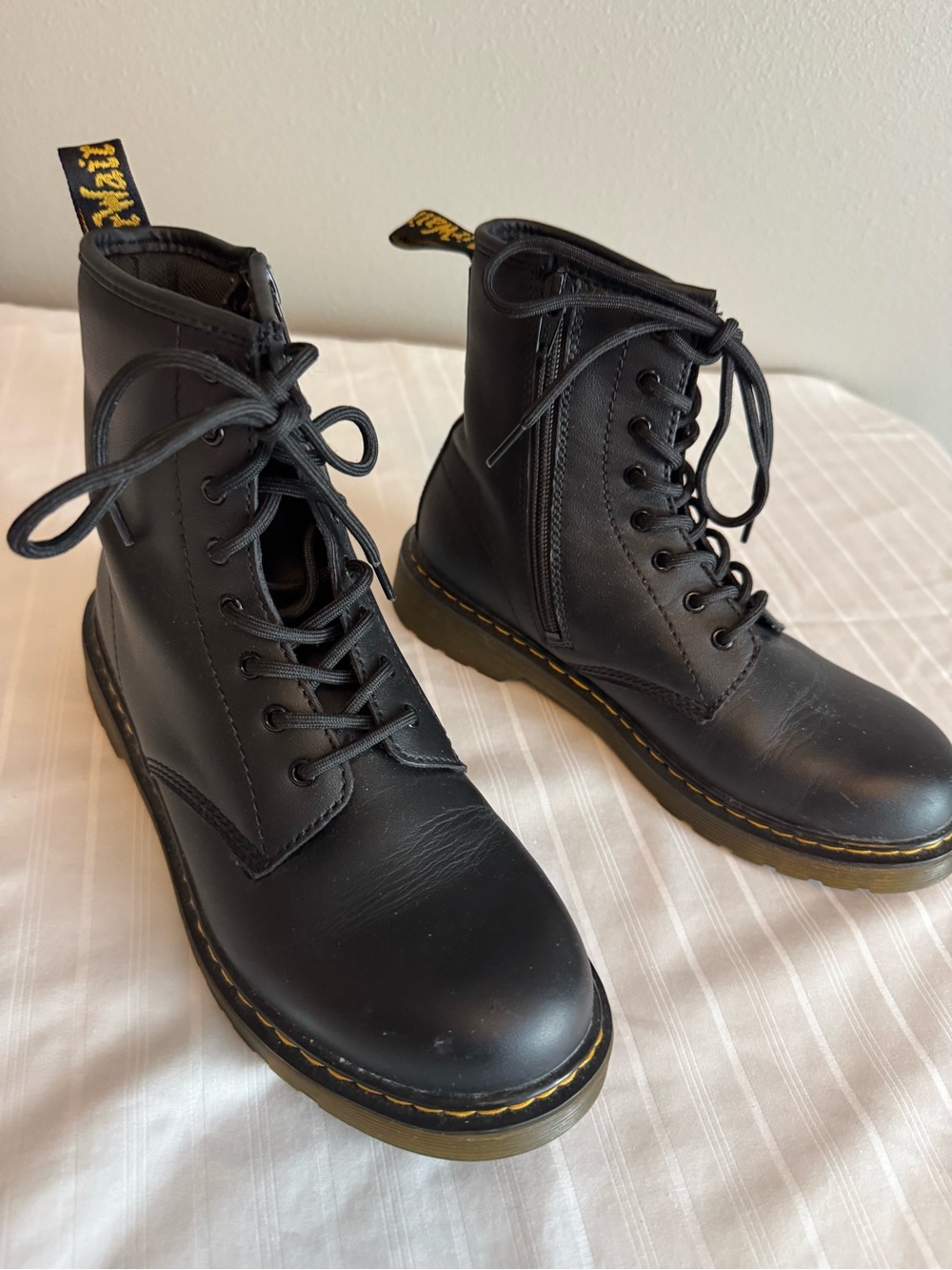 Dr Marten Classic Black Leather Lace-Up Boots with Yellow Stitching